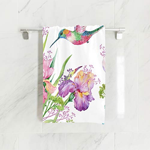 Naanle Watercolor Iris Flower And Hummingbird Spring Nature Floral Print On White Soft Bath Towel Absorbent Hand Towels Multipurpose For Bathroom Hotel Gym And Spa 30"X15" #TOP1