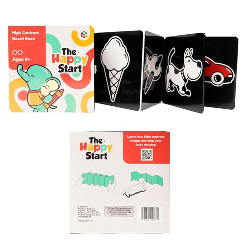 Image of Happy Start Award-Winning High Contrast Board Book for Newborns Tummy Time | 14 high-contrast images, black and white, hospital-approved, stands independently, supports visual development, 0-12 months