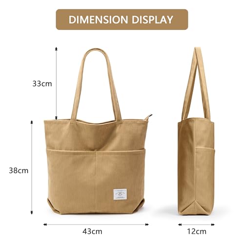 Image of KALIDI Women Corduroy Tote Bag Zipper Casual Tote's Handbag Big Capacity Shoulder Bag with Pockets