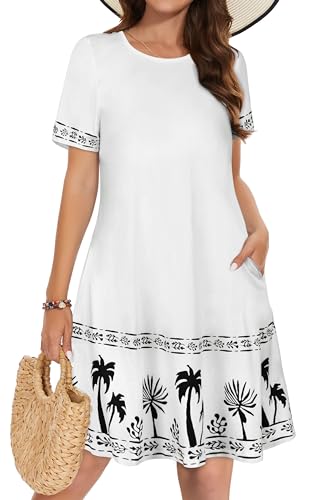 Summer Dresses for Women Casual Tshirt Short Sleeve Floral Sundress Beach Cover Ups with Pockets(White Tree, 3XL1)