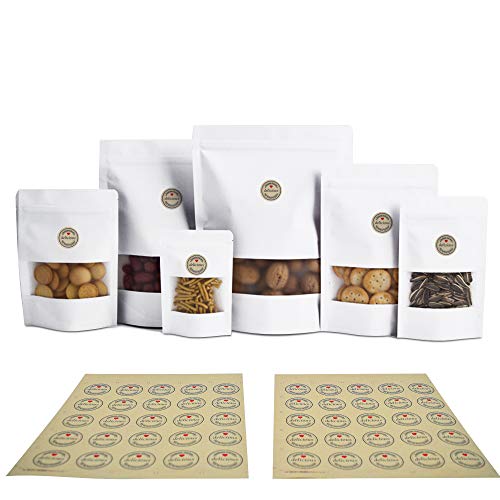 QQ Studio 5.5MIL Thick White Kraft Paper Window Stand-up Resealable QuickQlick Bag Set For Bake Sale, Gifting and Pantry Organization (5 Sizes Assortment Pack with Stickers)
