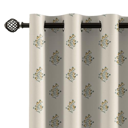 Image of LINENWALAS Printed Blackout Curtains for 7 Feet Door | Set of 2 | Printed Drapes | Thermal Insulated, Room Darkening Panels with Grommet Hanging for Living Room (Golden sprig)