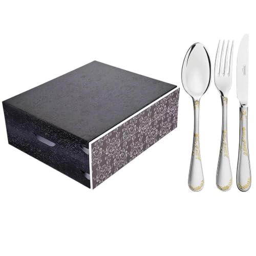 Faqueiro Tramontina Renascença em Aço Inox com Facas de Mesa Detalhes em Ouro Acabamento Brilho e Fosco Estojo de Madeira 130 Peças