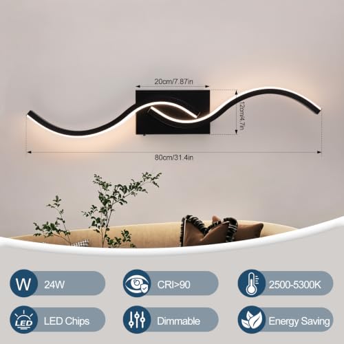Image of Modern Wall Sconce Set of 2, 31.5 Inch 5CCT Dimmable LED Vanity Light Fixture, Matte Black Hardwired 2500K-5300K Wall Lamp, Indoor Bathroom Light Over Mirror for Bedroom Living Room Hallway