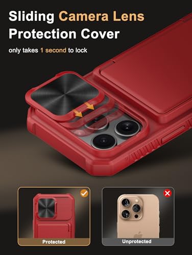 Image of Vihibii for iPhone 16 Pro Wallet Case with Card Holder (4 Cards) [RFID Blocking] & Slide Camera Cover & Raised Edges Protect Screen, Shockproof Rugged Phone Cover for iPhone 16 Pro 5G 6.3 inch 2024, Red
