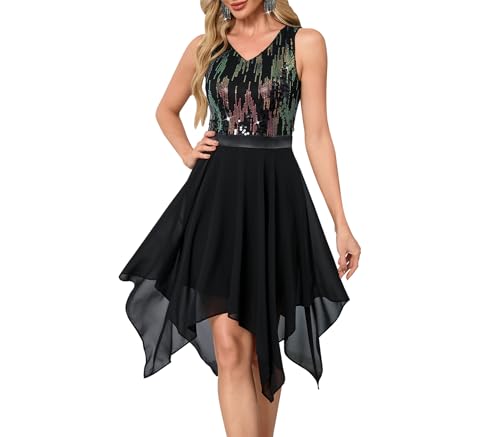 Women’s Sleeveless V Neck Sequin Cocktail Dress Asymmetrical Hem Elegant Party Dress