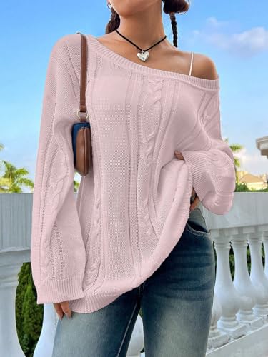 Image of SKAYS Oversized Fall Sweaters for Women, Oversized Cable Knit Sweater Off Shoulder, Solid Color Crew Neck Sweater