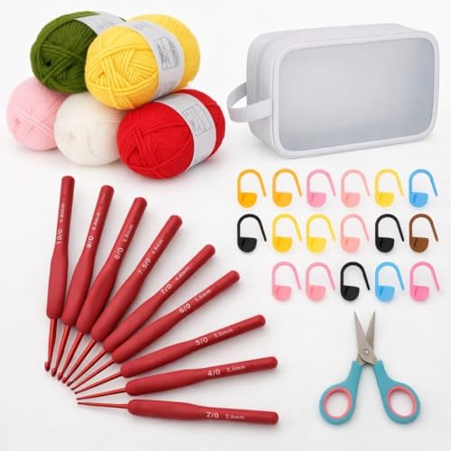 Image of TRIBHAVI Crochet Hook Set with Cotton Yarn Balls, 10 Size Crochet Hooks, Stitch Markers, Scissors, Needles and Storage Bag