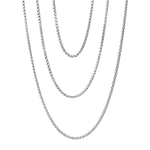 3 pack 3.0 mm Stainless Steel Wheat Silver Chain, Titanium Steel Necklace, 20''/24''/28'' Hip Hop Punk Necklace Chain for Men Women (sliver)