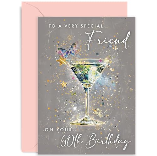 Old English Co. 60th Birthday Card for Female Friend - Age 60 - Special Friend Birthday - Cocktail Design - Contemporary Female Birthday Card for Her - Sixtieth Female Birthday Card | Blank Inside
