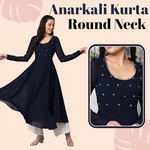 Image of PH POSHAKHUB Georgette Regular Fit Hand Embroidery Anarkali Kurta Set for Women, Yoke Anarkali Kurta for Woman, Ankle Length Anarkali Suit for Women, Full Sleeve Kurti, Dress for Woman