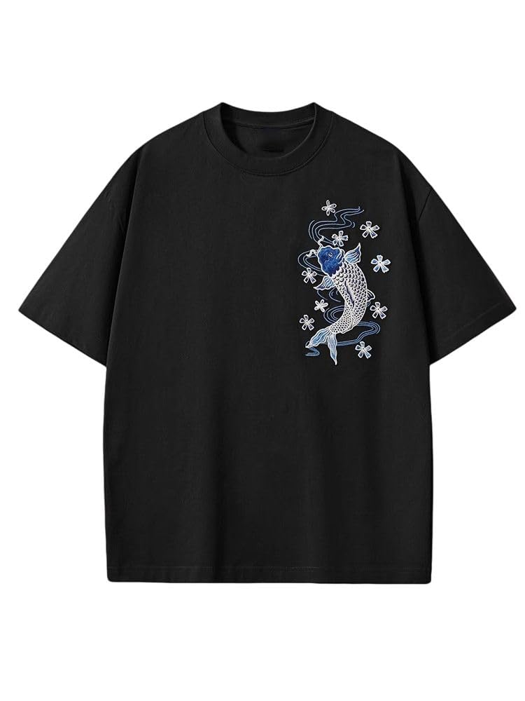 T-shirt girocollo in cotone da uomo con ricamo cinese allentato manica corta casual top