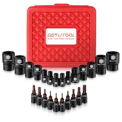 GETLITOOL Juego de 24 llaves de vaso E-Torx E-Torx de acero CR-V E4-E24 y T8-T40, llaves de estrella con grabado láser y caja organizadora para reparación de automóviles, mantenimiento mecánico