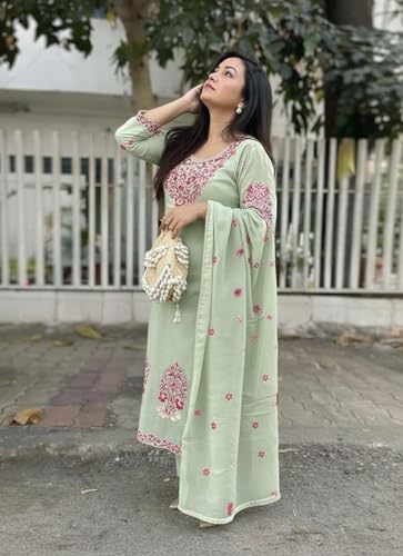 Image of GoSriKi Kurta Sets for Women Viscose Embroidered | Kurta Pant Dupatta Set | Straight Kurti Set for Women | Round Neck 3 /4 Sleeve Ethnic Suit | Designer Indian Kurti Outfit with Pants