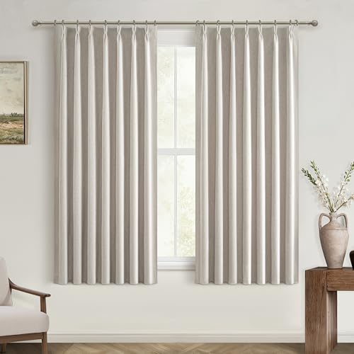 Bedroom Blackout Curtains 63 Inches (5-1/4FT) Long 2 Panel Set,Thermal Curtains for Summer Heat Living Room Darkening Pinch Pleated Short Drapes for 62 Inch Window Pinch Pleated(40'x63'x2 Light Linen)