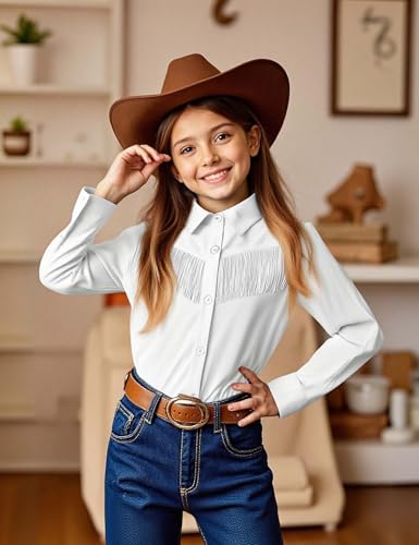 Image of Girls Fringe Shirt Sleeveless Button Down Western Cowgirl Tassel Trim Casual Blouse Shirt Top 4-13Y