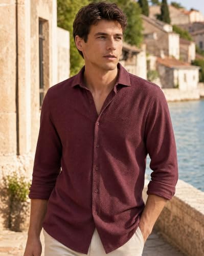 Image of Nobero Textured Popcorn Shirt for Men | Cotton Shirts for Men in 280 GSM Popcorn Knit | Stand Collar | Regular Fit | Full Sleeve
