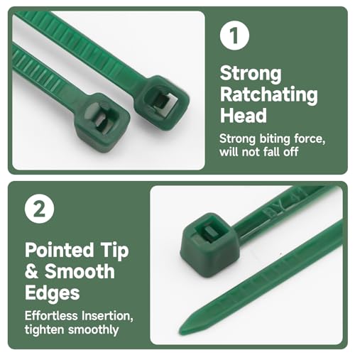 KINGLAKE 100 Pcs 200x2.5mm Self-locking Garden Cable Ties Dark Green Plant Nylon Ties Adjustable Zip Ties Multi-Purpose