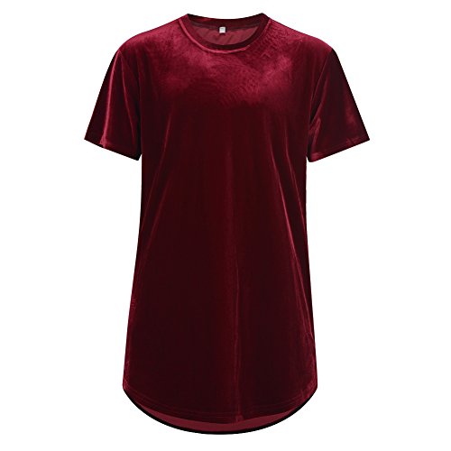 VFIVE UNFOUR Mens Velvet Velour Fashion Hip Hop Long Line Hem T Shirts Wine Red