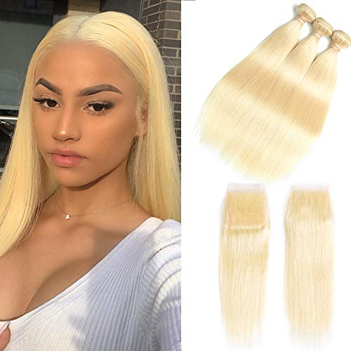 613 Blonde Bundles With Closure Platinum Blonde Human Hair 3 Bundles With Transparent Color Lace Closure 4x4 Brazlian Straight Hair Weave Can Be Dyed (141618+12inch, bundles with closure)