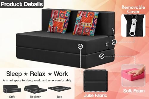 Image of Rosebell Two Seater Foldable Sofa Cum Bed (4x6 Feet) ? Jute Fabric, Washable Removable Cover, Includes Cushion | Space Saving Convertible Sofa Bed for Home, Office & Guests - Black