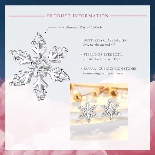 Christmas Snowflake Earrings, Silver Sparkling CZ Crystal Christmas Stud Earrings 18k White Gold Rhinestone Xmas Earring Jewellery Gifts for Women Lady Teen Girls, with Gift Card & Box, White Stone - Image 3