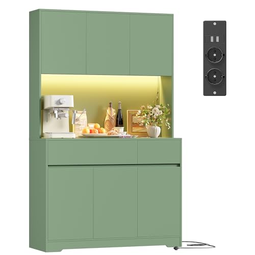 FirFurd 180cm Buffet Cuisine avec LED Multiprises Meuble Cuisine Rangement Vaisselier avec 6 Portes 2 Tiroirs Meuble de Rangement pour Salle à Manger Salon Étagère...
