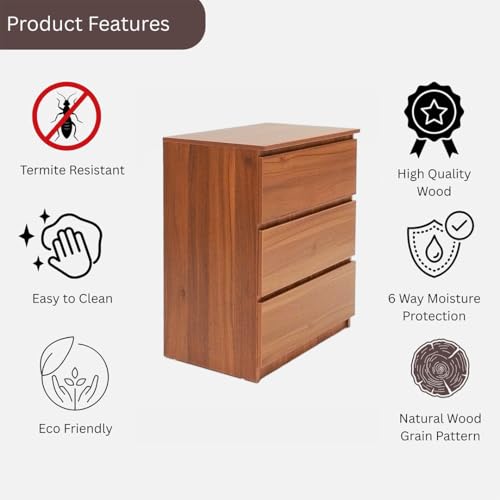 Image of Amazon Brand - Solimo Eden 3 Drawer Cabinet ? Leon Teak | Modern Wooden Storage Organizer | Compact Bedroom & Living Room Furniture (L60 x W40 x H75.5 cm)