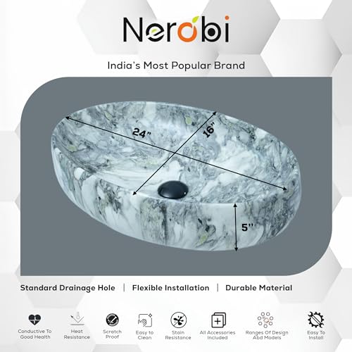 Image of Designer Counter Top Wash Basin | Tabletop Ceramic Bathroom Sink | Wash Basin Over Counter | Wash Basin For Bathroom, Living Room (24 x 15 x 6 Inch) (Designer Grey)