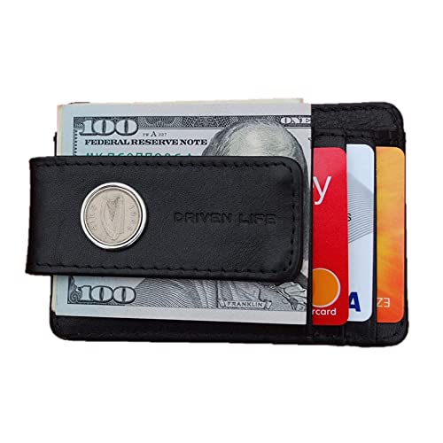 1964 Irish Ireland 3 Pence Coin Genuine Full-Grain Black Leather Magnetic Money Clip Wallet & Card Holder RFID Blocking - Irish Harp