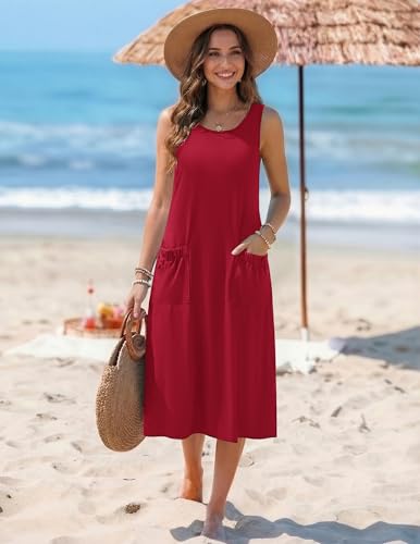 Image of Zeagoo Womens Summer Midi Dresses 2026 Casual Sleeveless Tank Sundresses A Line Crewneck Beach Vacation Dress with Pockets