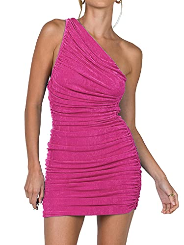 Image of LYANER Women's Sexy One Shoulder Ruched Sleeveless Bodycon Mini Short Dress