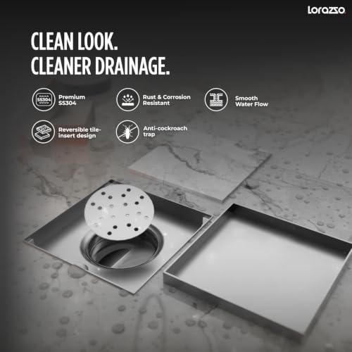 Image of Lorazzo Linea Tile-Insert Shower Drain Channel 5x5 Inch | Built-in Cockroach Trap | SS304 Stainless Steel | Silver Finish | Bathroom Shower Floor Drain | 10 Year Warranty
