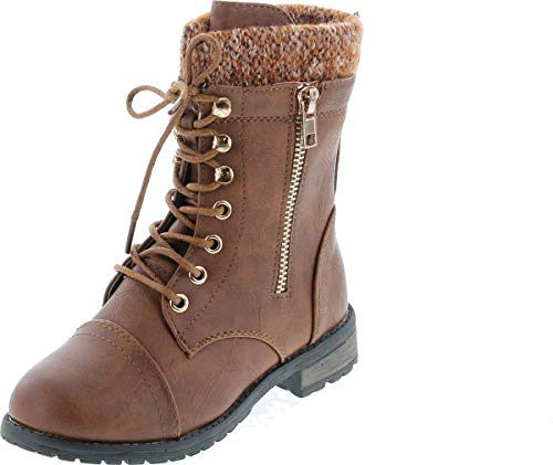 JJF Shoes Mango-31 Kids Tan Round Toe Military Lace Up Knit Ankle Cuff Low Heel Combat Boots-9