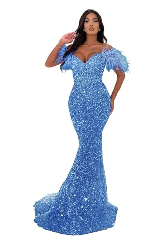 Image of Sequin Feathers Mermaid Prom Dresses 2026 Off Shoulder Sparkly Long Formal Evening Party Gowns with Train