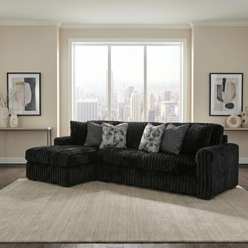 Image of Signature Design by Ashley Midnight-Madness 2-Piece Sectional Sofa with Chaise, Quick 5-Minute Assembly, L-Shaped Polyester Corduroy Couch for Living Rooms, 120 inch W x 65 inch D, Onyx Black