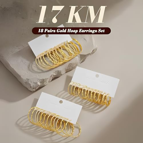 Image of 12 Pairs Gold Hoop Earrings Set for Women, Lightweight Hoop Jewelry