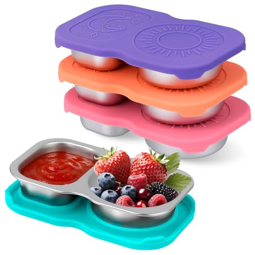 Yuecda 4-Piece Double-Compartment Salad Dressing Container Set | Stainless Steel Condiment Cups with Leak-Proof Silicone Lids | Ideal for Lunch Bento Boxes and Snacks on the Go