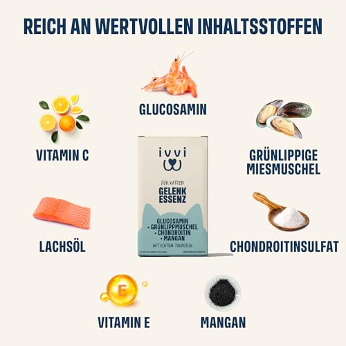 ivvi Gelenk Essenz für Katzen – Schlecksnack mit Glucosamin, Chondroitin, Grünlippmuschel & Lachsöl – zur Unterstützung der Gelenke – 30x15g – mit echtem Thunfisch