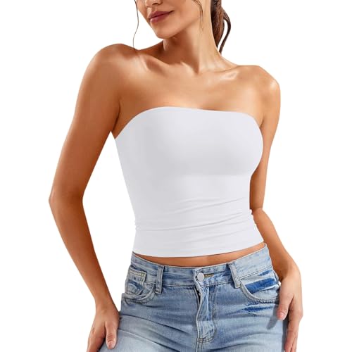 Generisch 2025 Mujeres Sexy Crop Top sin Tirantes Bandeau Tube Top sin Mangas sin Espalda sin Mangas Blusa Casual Mujer Verano, Blanco, XL
