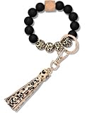 BAOSIWA Women Silicone Bracelet Keychain Wristlet Beaded Key Ring Leopard Bangle Chains with Leather Tassel