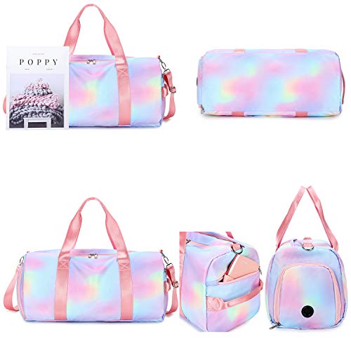 Womens Travel Bags Sport Gym Duffle Weekender Carry On Workout Duffel Overnight Shoulder Bag with Shoe Compartment (Rainbow Pink-D)