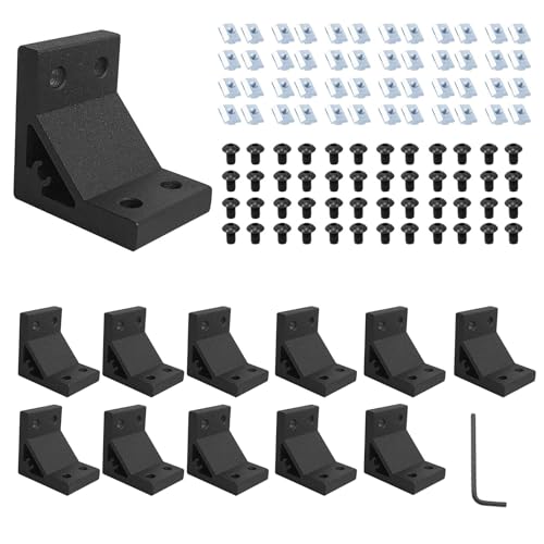 Image of 12pcs 2040 Angle Bracket Corner 2040 Extruded Aluminum Hardware V-Slot Accessories T-Slotted with T Nuts and Screws for 2040 Aluminum Profile 3D Printer Frame Accessories Black