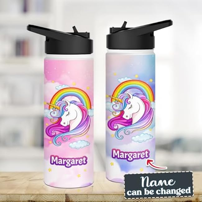 winorax Personalized Unicorn Water Bottle For Kids Women Girls Teen Magical Unicorns Stainless Steel Sports Bottles Birthday Christmas Back To School Gifts Custom Travel Cup with Name
