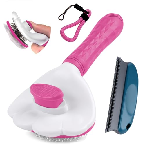 BODHTAT ペットブラシ 痛くない ヒーリングブラシ 長毛・短毛種 猫 犬 スリッカーブラシ(ボタンを押してワンプッシュ式 抜け毛除去簡単)犬猫通用グルーミングブラシ（ピンク）
