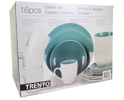 16pc Trento Collection Dinner Set Plates CUPS MUGS Bowls Side Green & White