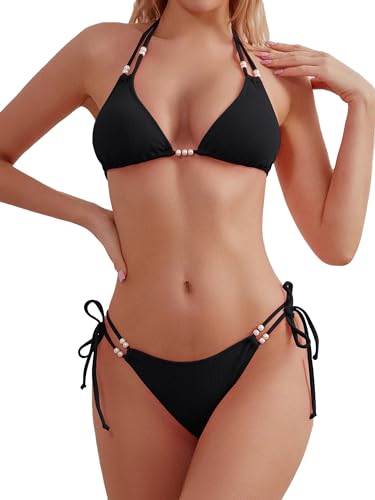 TASHEHE Women's Triangle String Bikini Set Sexy Tie Side Two Piece Swimsuit Cute Halter Bathing Suit