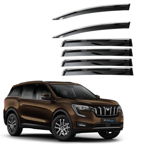 Image of CAR SAAZ Unbreakable Chrome Smoke Door Visor for XUV 700 (2021-Present) | Premium Sun Rain Wind Deflector Chrome Strip Side Door Rain Visor - Set of 6 Pcs