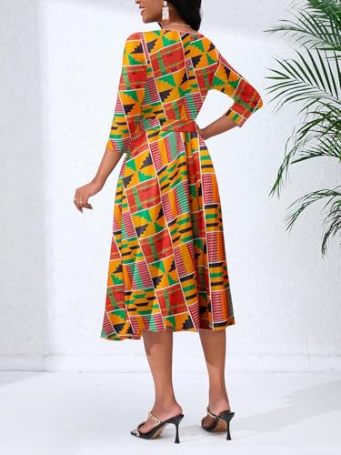 Image of PerZeal Bohemian African Print Dress Ethnic Festival Casual Summer Dress 3 /4 Sleeve Crewneck Cocktail Party Dresses with Belt Small