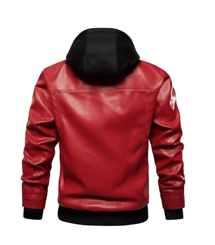Image of INVACHI Men's Faux Leather Motorcycle Bomber Jacket with Removable Hood